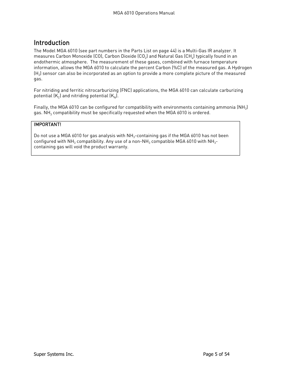 Introduction | Super Systems MGA6010 User Manual | Page 5 / 54
