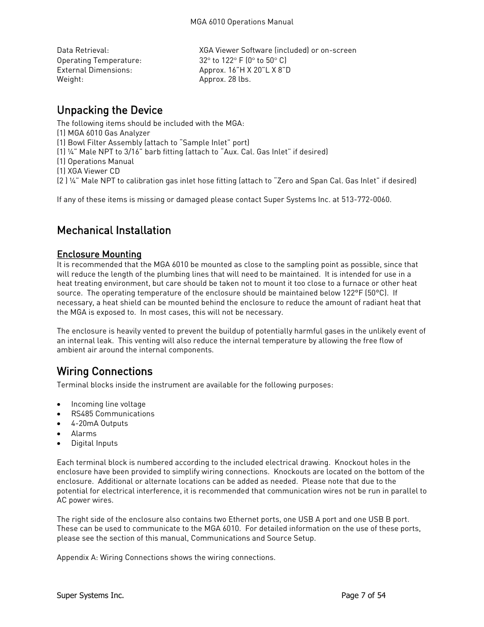 Unpacking the device, Mechanical installation, Enclosure mounting | Wiring connections | Super Systems MGA6010 User Manual | Page 7 / 54