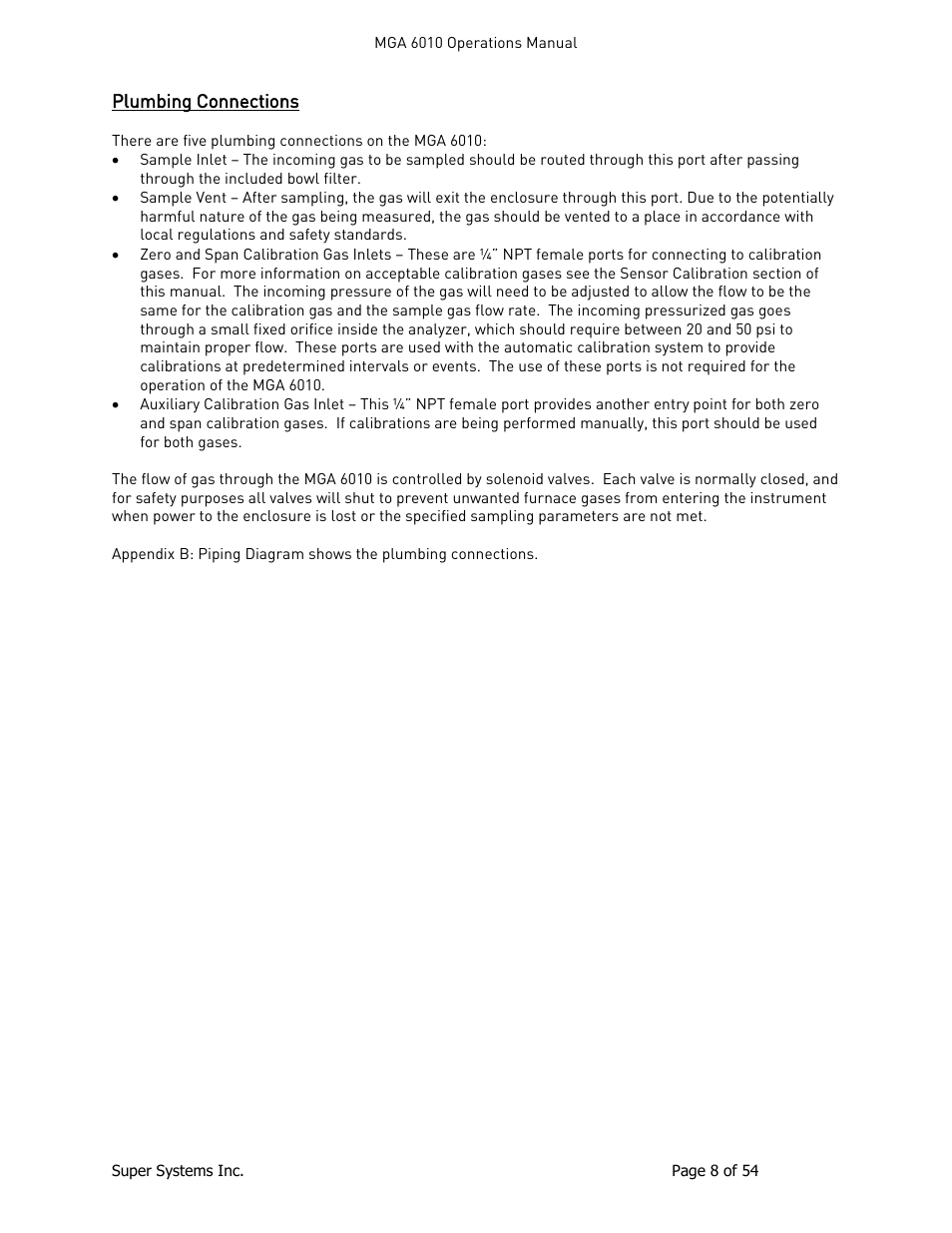 Plumbing connections | Super Systems MGA6010 User Manual | Page 8 / 54