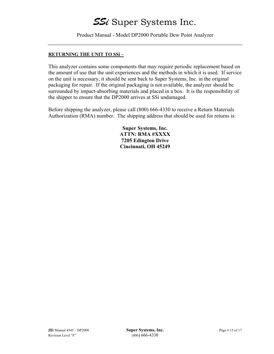 Super systems inc | Super Systems DP2000 User Manual | Page 13 / 17