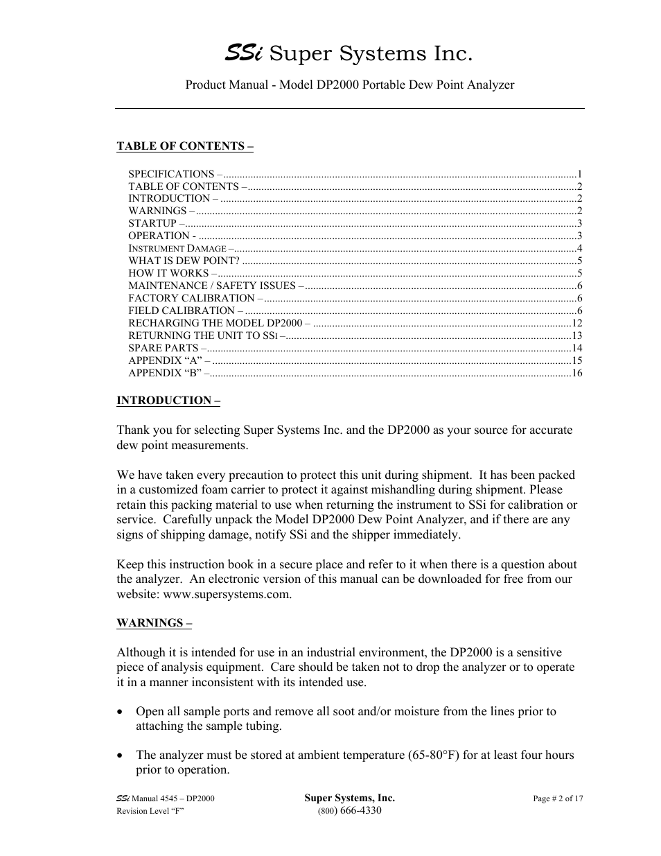 Super systems inc | Super Systems DP2000 User Manual | Page 2 / 17