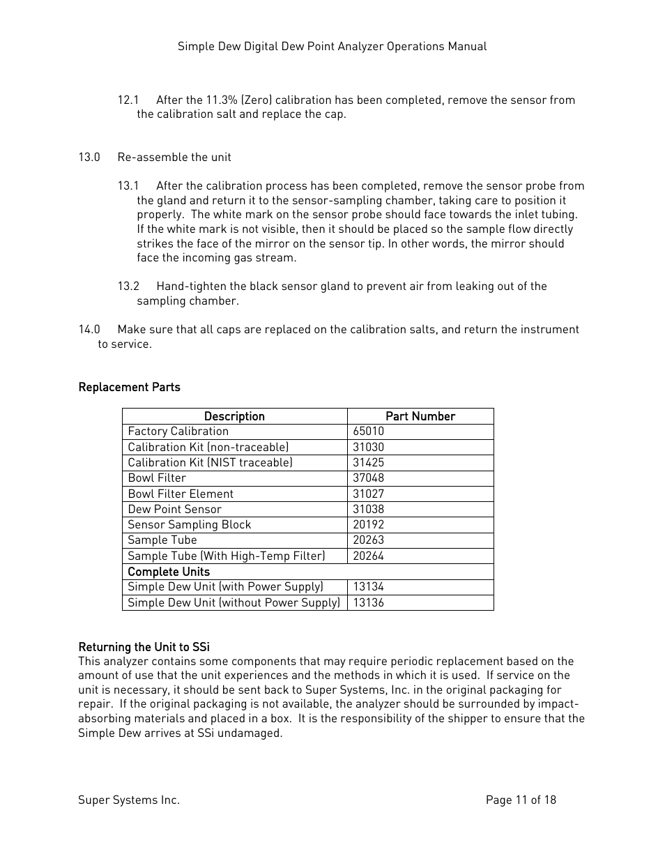 Replacement parts, Returning the unit to ssi, Replacement parts returning the unit to ssi | Super Systems Simple Dew User Manual | Page 11 / 18