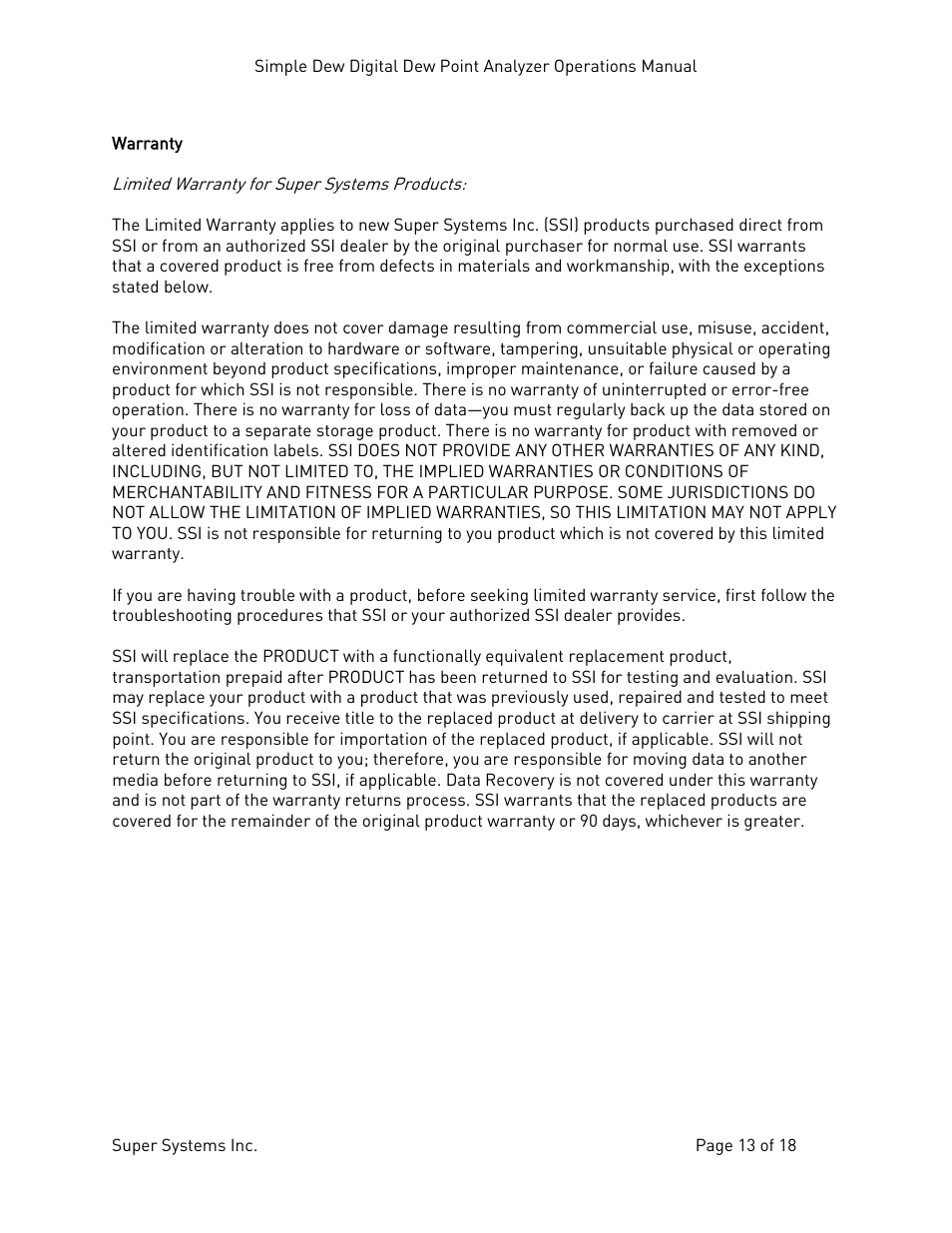 Warranty | Super Systems Simple Dew User Manual | Page 13 / 18