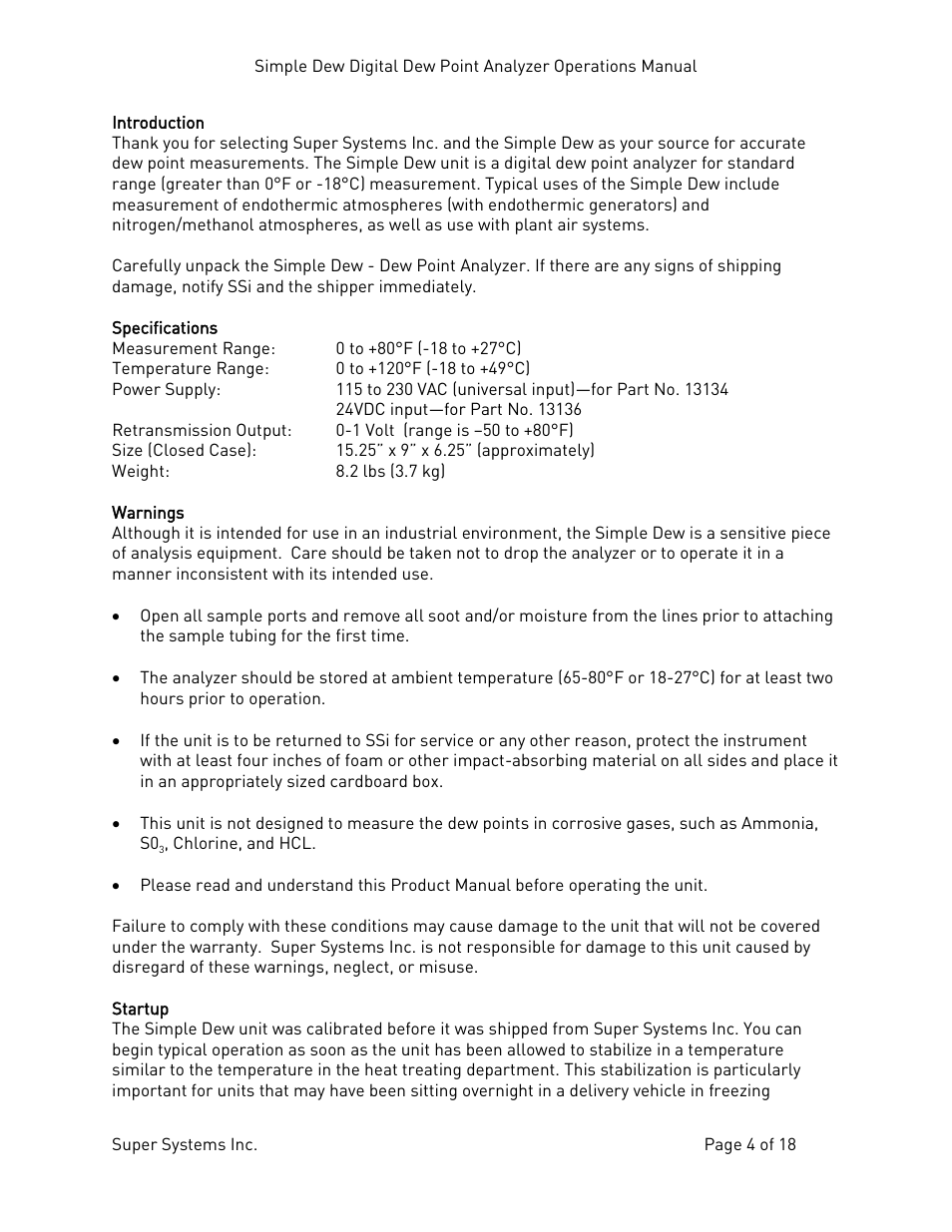 Introduction, Specifications, Warnings | Startup, Introduction specifications warnings startup | Super Systems Simple Dew User Manual | Page 4 / 18