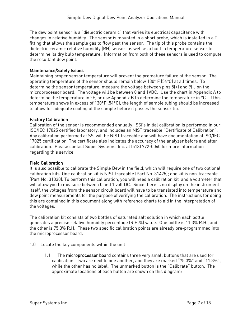 Maintenance/safety issues, Factory calibration, Field calibration | Super Systems Simple Dew User Manual | Page 7 / 18