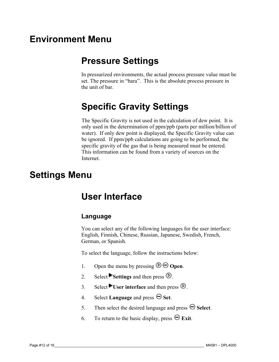 Environment menu pressure settings, Specific gravity settings, Settings menu user interface | Super Systems DPL4000 User Manual | Page 12 / 16