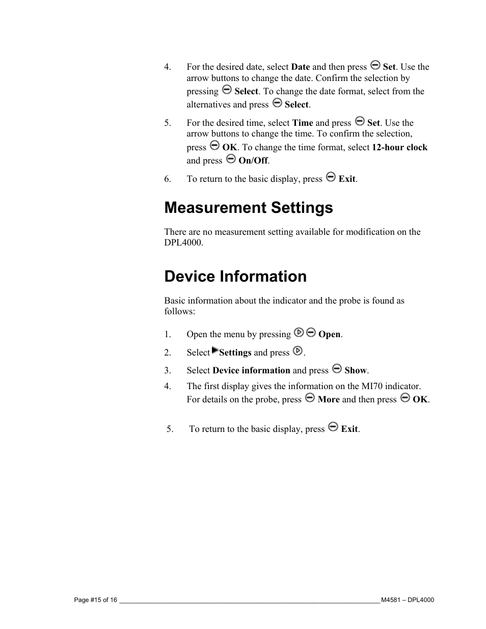 Measurement settings, Device information | Super Systems DPL4000 User Manual | Page 15 / 16