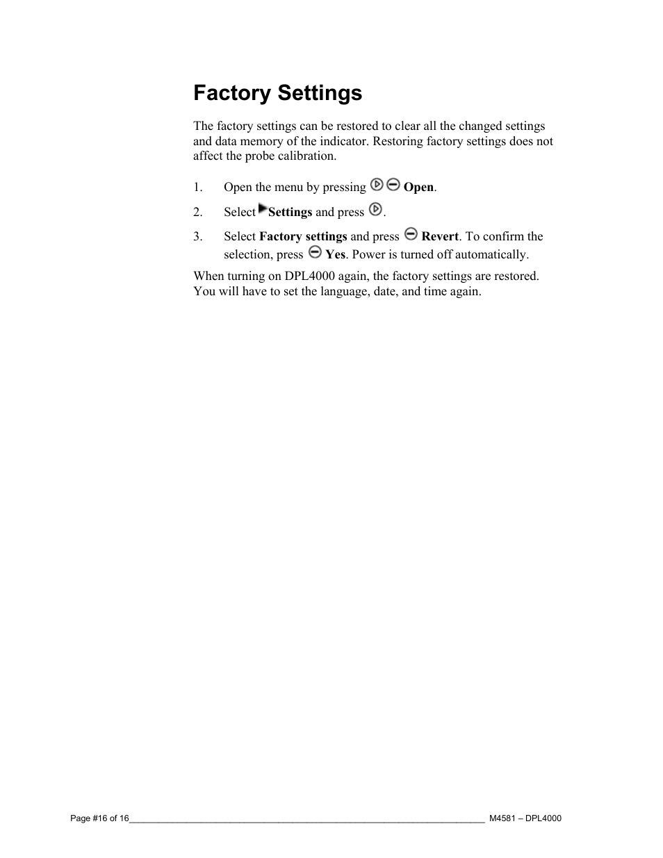 Factory settings | Super Systems DPL4000 User Manual | Page 16 / 16