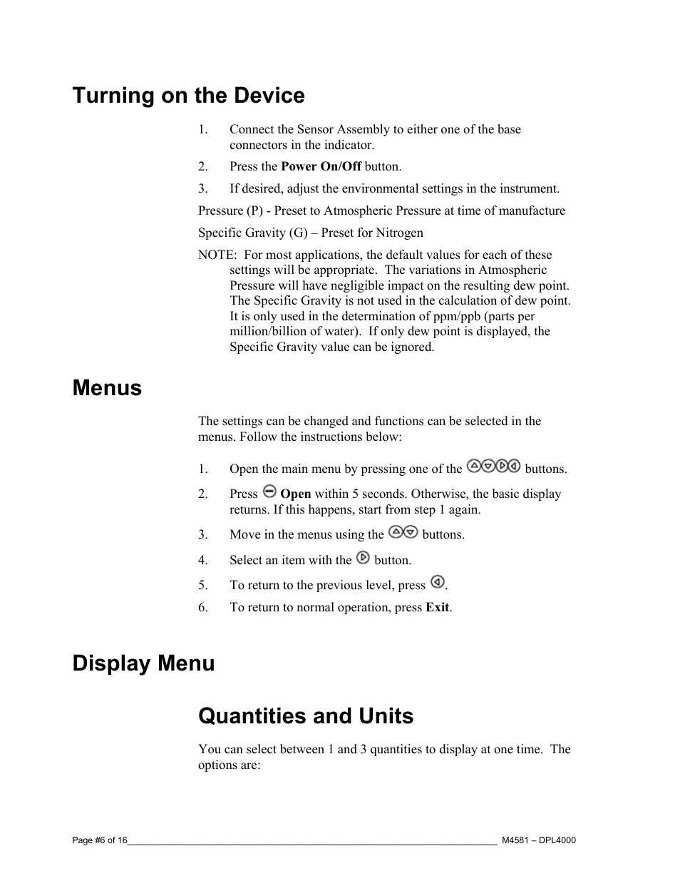 Turning on the device, Menus, Display menu quantities and units | Super Systems DPL4000 User Manual | Page 6 / 16