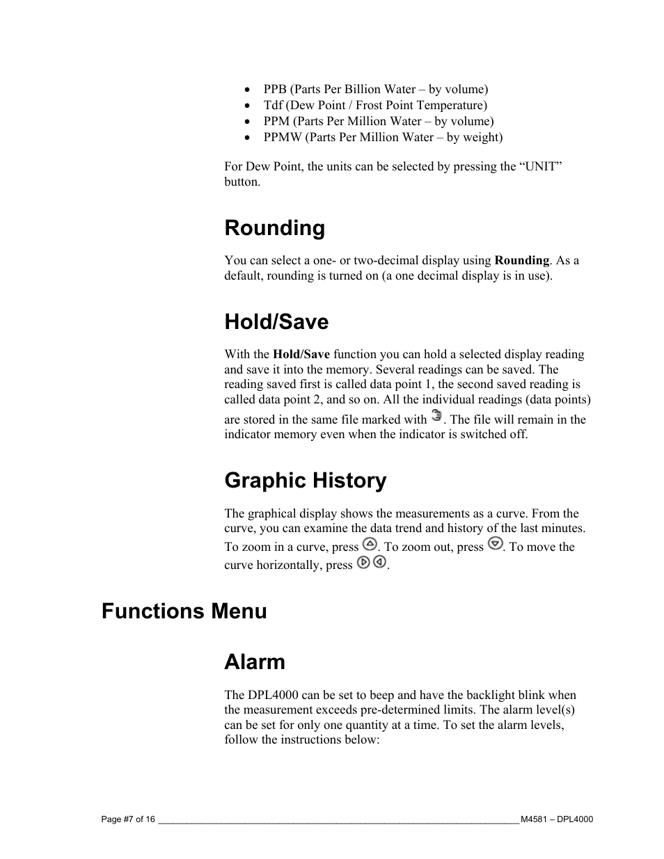 Rounding, Hold/save, Graphic history | Functions menu alarm | Super Systems DPL4000 User Manual | Page 7 / 16