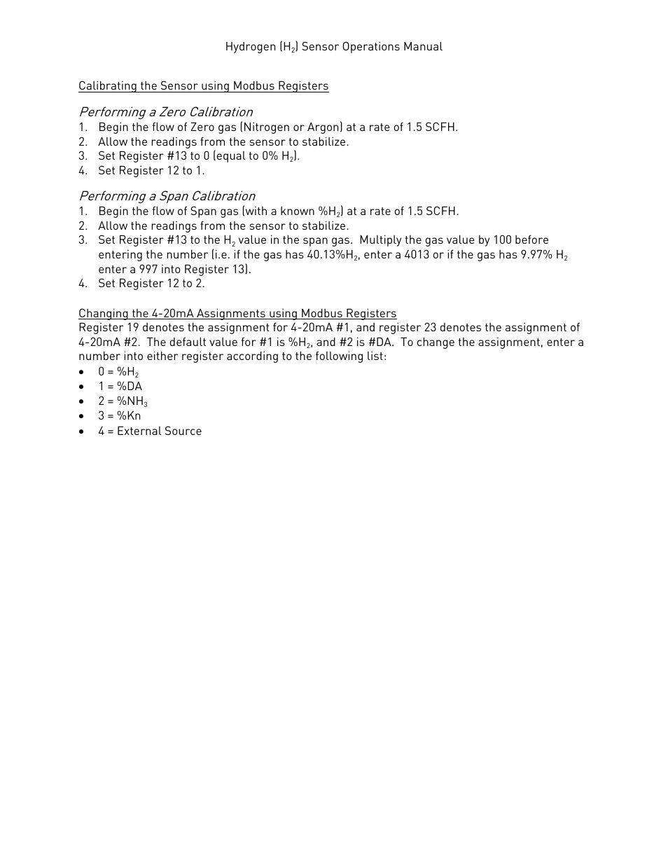 Calibrating the sensor using modbus registers, Performing a zero calibration, Performing a span calibration | Super Systems H2 Sensor User Manual | Page 13 / 17