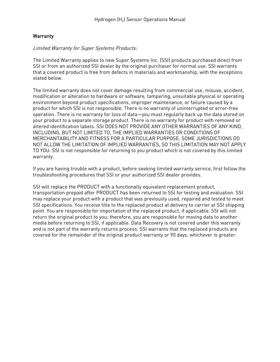 Warranty | Super Systems H2 Sensor User Manual | Page 16 / 17
