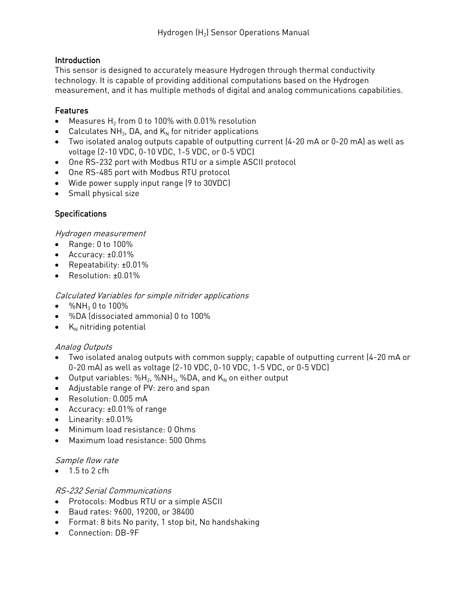 Introduction, Features, Specifications | Introduction features specifications | Super Systems H2 Sensor User Manual | Page 3 / 17
