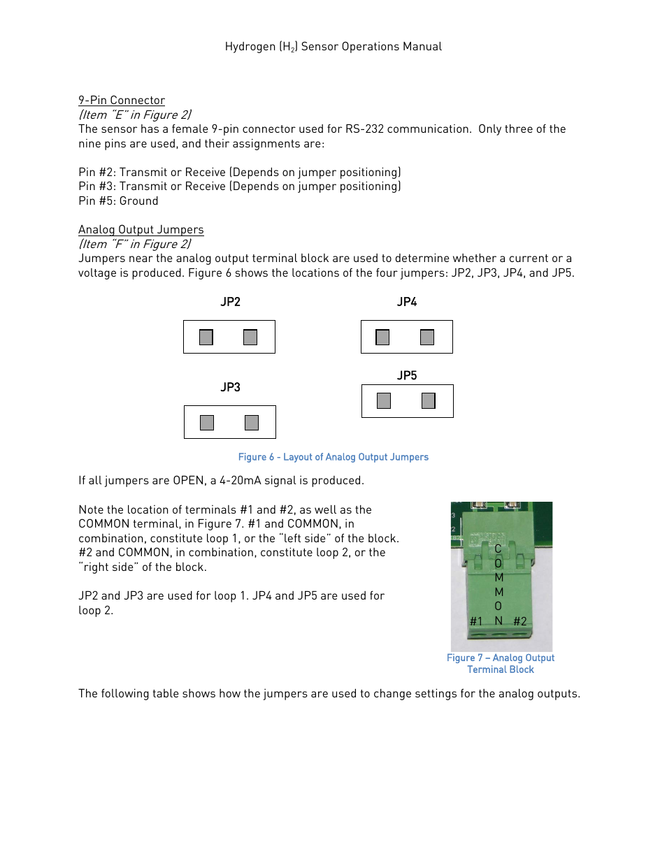 Pin connector, Analog output jumpers, Pin connector analog output jumpers | Analog output jumpers” below | Super Systems H2 Sensor User Manual | Page 7 / 17