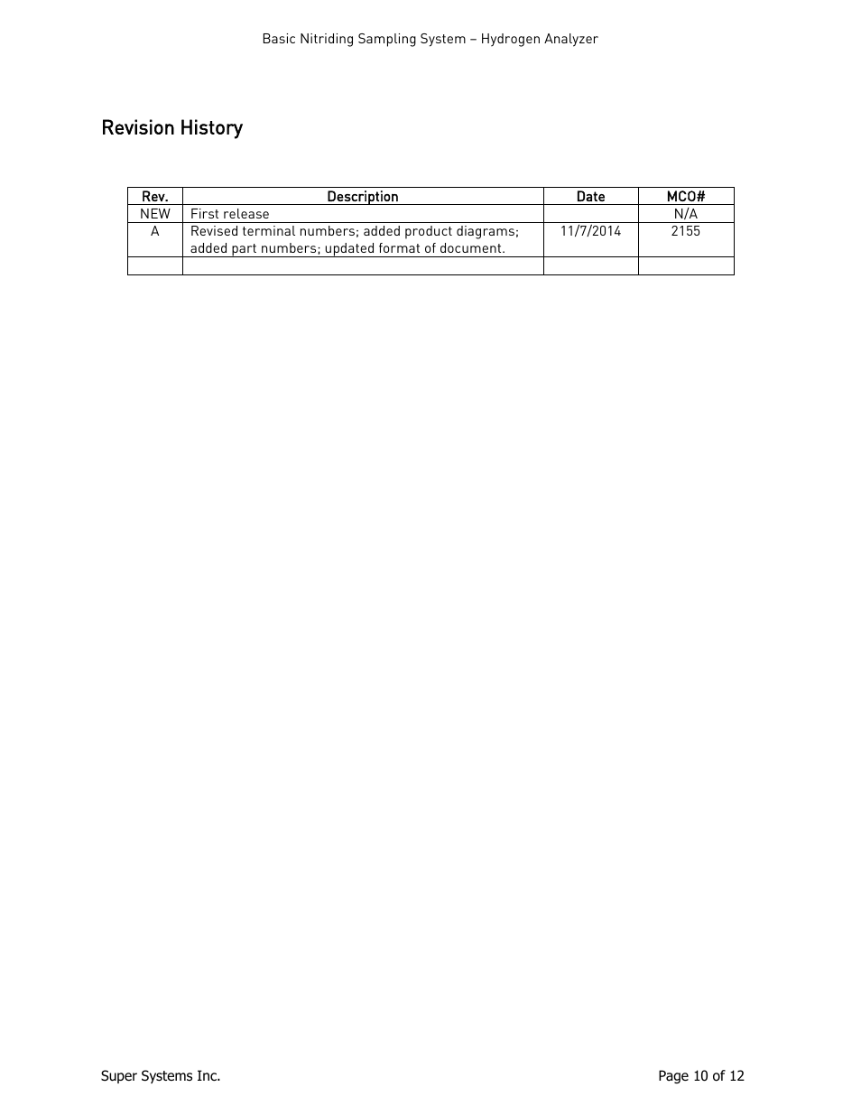 Revision history | Super Systems Hydrogen Nitrider Analyzer User Manual | Page 10 / 12