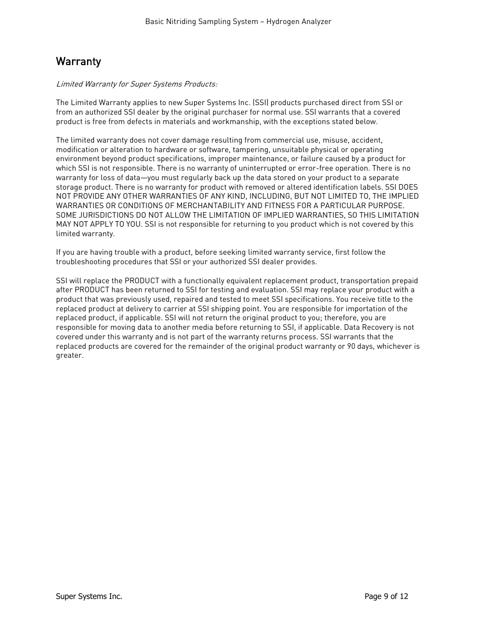 Warranty | Super Systems Hydrogen Nitrider Analyzer User Manual | Page 9 / 12