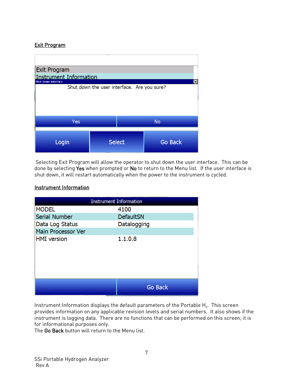 Exit program, Instrument information, Exit program instrument information | Super Systems PH2 User Manual | Page 8 / 19