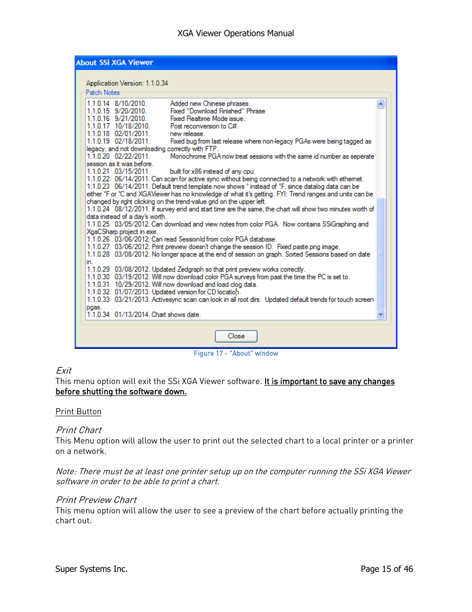 Exit, Print button, Print chart | Print preview chart, Print chart print preview chart | Super Systems XGA Viewer User Manual | Page 15 / 46