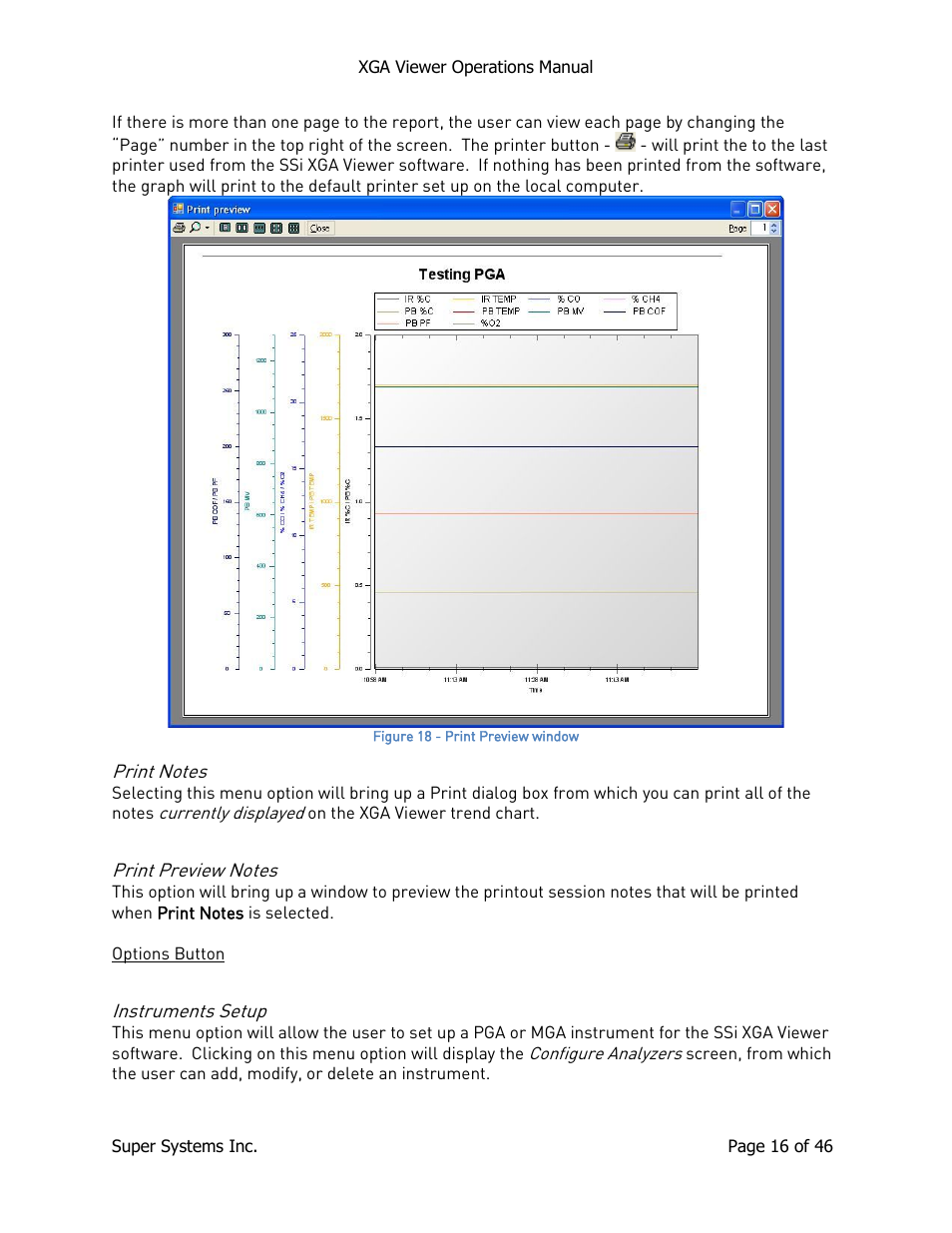 Print notes, Print preview notes, Options button | Instruments setup, Print notes print preview notes, N options button→ instruments setup | Super Systems XGA Viewer User Manual | Page 16 / 46