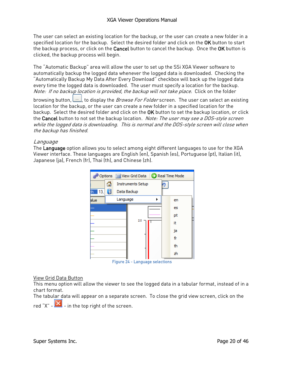 Language, View grid data button | Super Systems XGA Viewer User Manual | Page 20 / 46