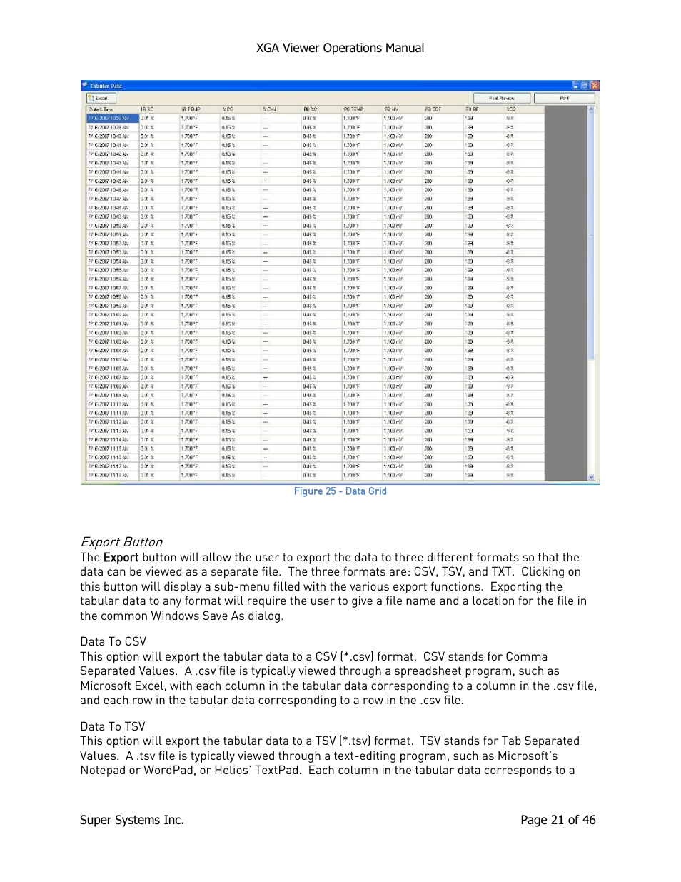 Export button, Data to csv, Data to tsv | Data to csv data to tsv | Super Systems XGA Viewer User Manual | Page 21 / 46