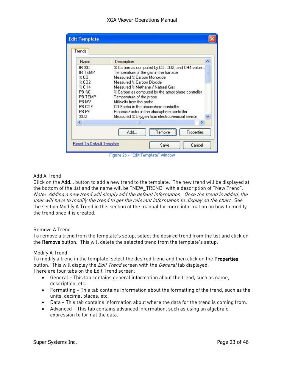 Add a trend, Remove a trend, Modify a trend | Add a trend remove a trend | Super Systems XGA Viewer User Manual | Page 23 / 46