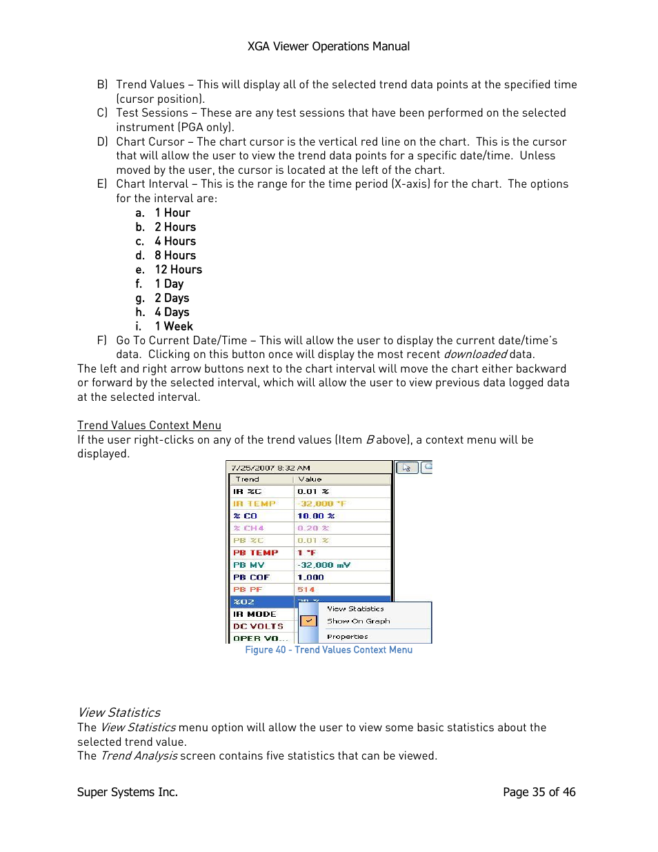 Trend values context menu, View statistics | Super Systems XGA Viewer User Manual | Page 35 / 46