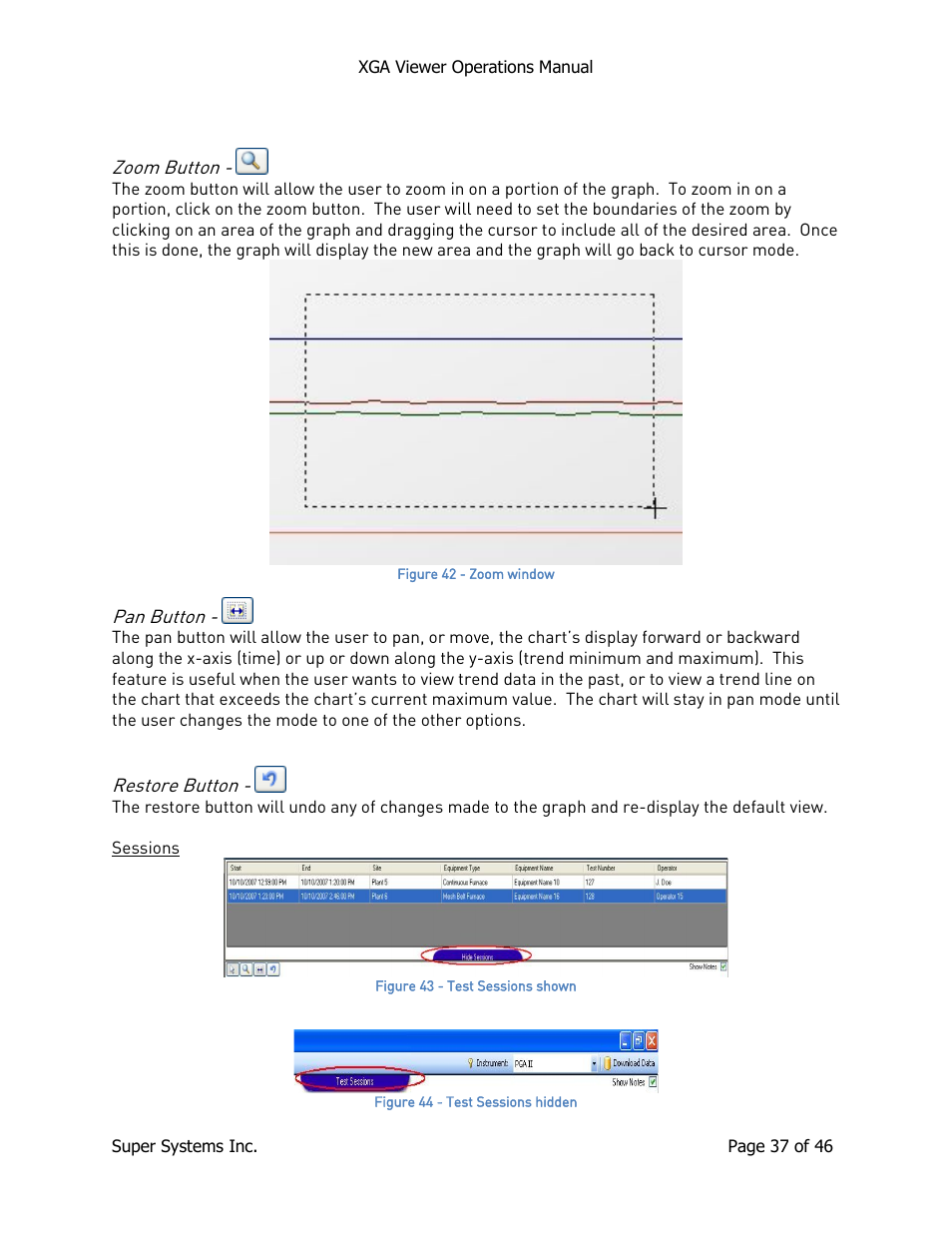 Zoom button, Pan button, Restore button | Sessions | Super Systems XGA Viewer User Manual | Page 37 / 46