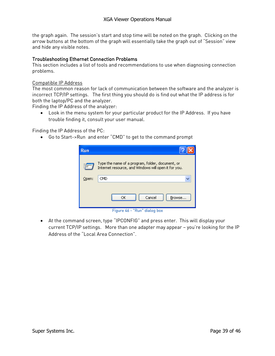 Troubleshooting ethernet connection problems, Compatible ip address | Super Systems XGA Viewer User Manual | Page 39 / 46