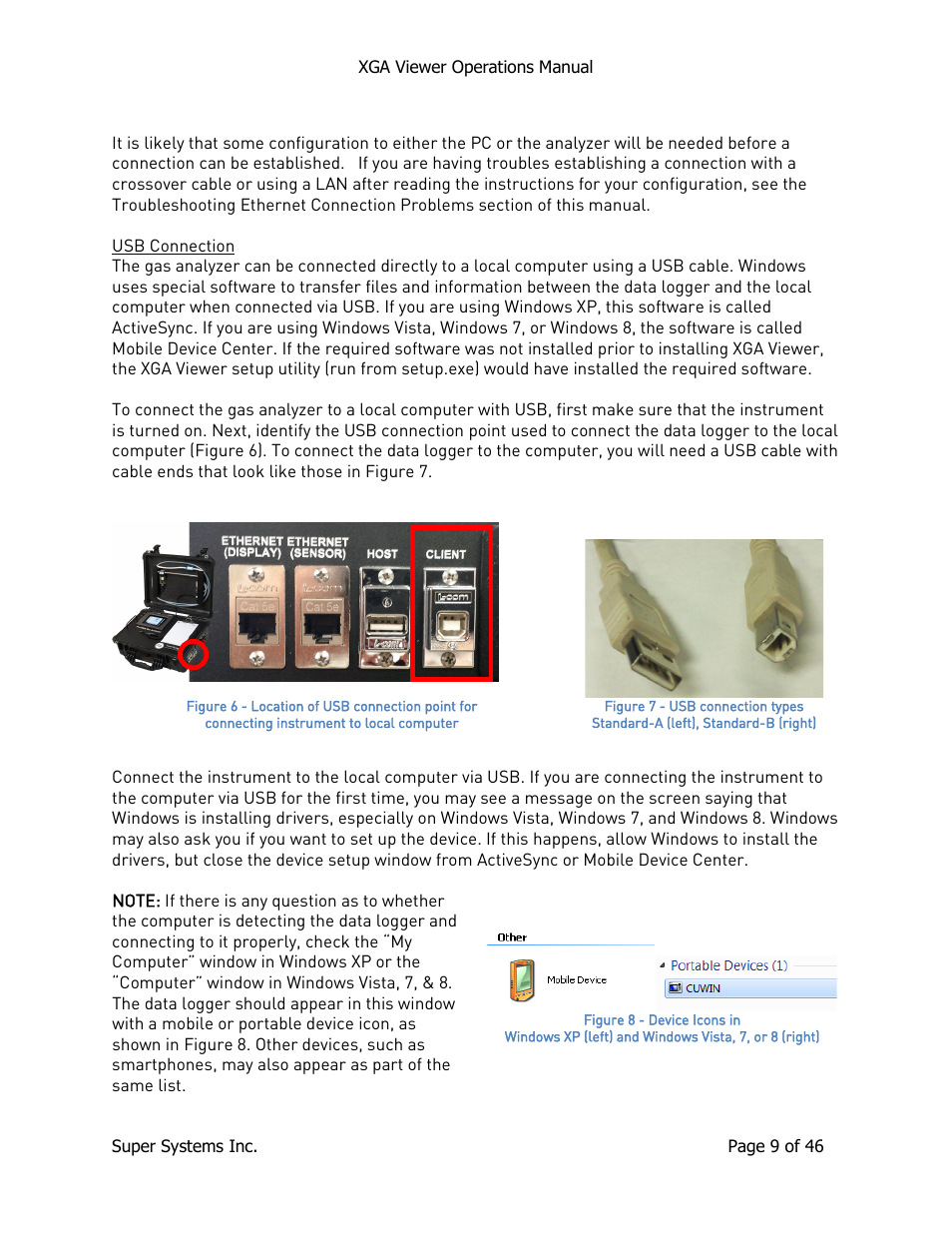 Usb connection | Super Systems XGA Viewer User Manual | Page 9 / 46