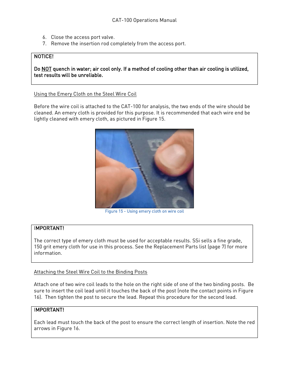 Using the emery cloth on the steel wire coil, Attaching the steel wire coil to the binding posts | Super Systems CAT-100 User Manual | Page 15 / 51