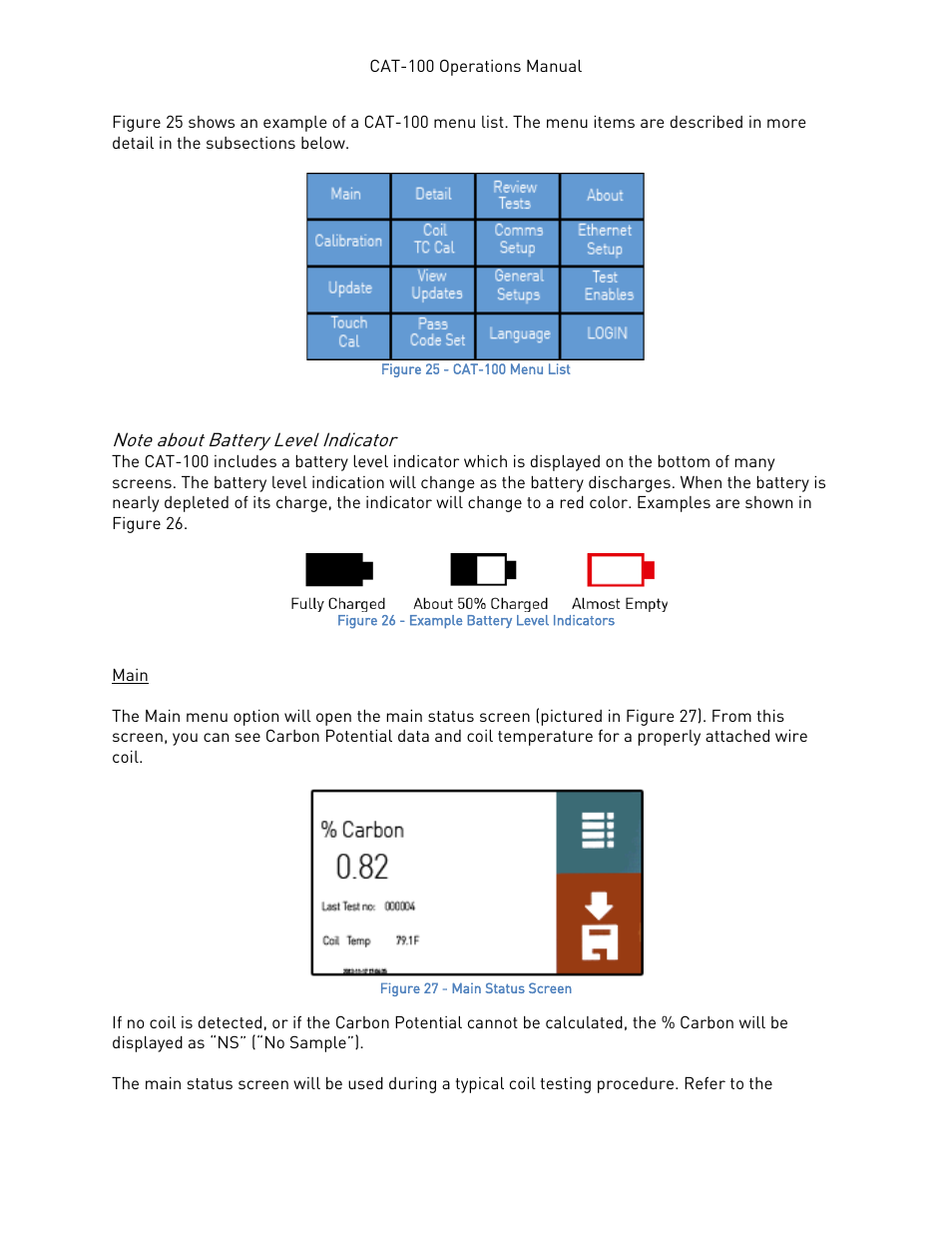 Note about battery level indicator, Main | Super Systems CAT-100 User Manual | Page 20 / 51