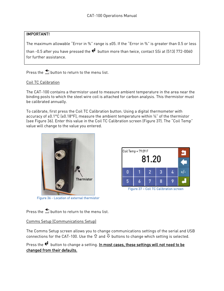 Coil tc calibration, Comms setup (communications setup) | Super Systems CAT-100 User Manual | Page 25 / 51