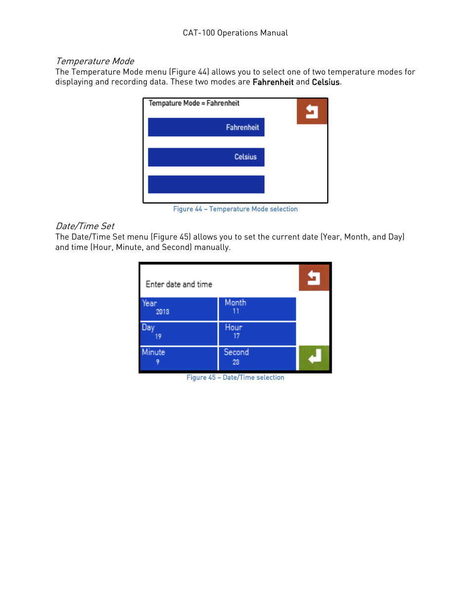 Temperature mode, Date/time set, Temperature mode date/time set | Super Systems CAT-100 User Manual | Page 30 / 51