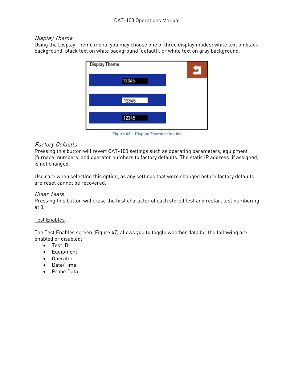 Display theme, Factory defaults, Clear tests | Test enables, Display theme factory defaults clear tests, E test enables, E 31) | Super Systems CAT-100 User Manual | Page 31 / 51