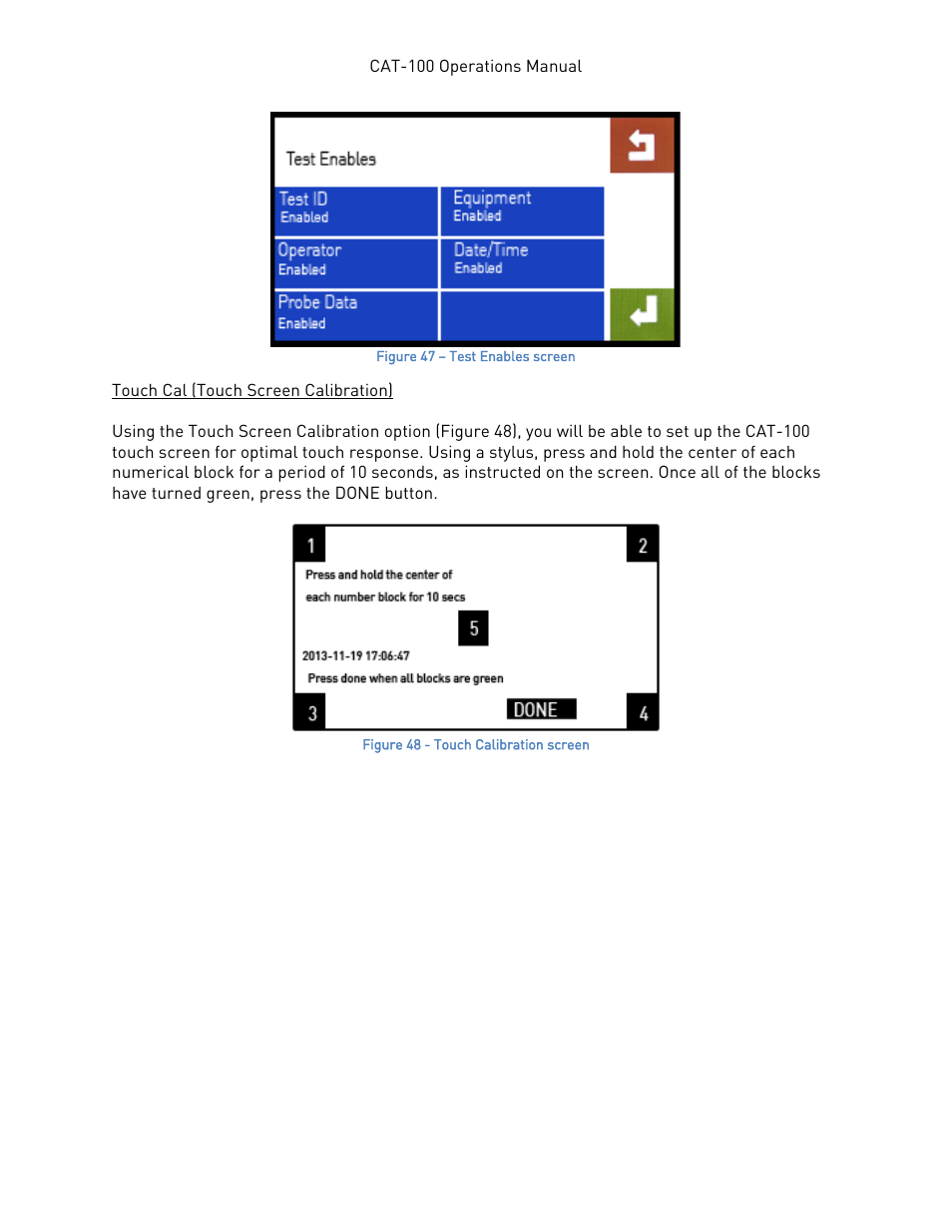 Touch cal (touch screen calibration) | Super Systems CAT-100 User Manual | Page 32 / 51