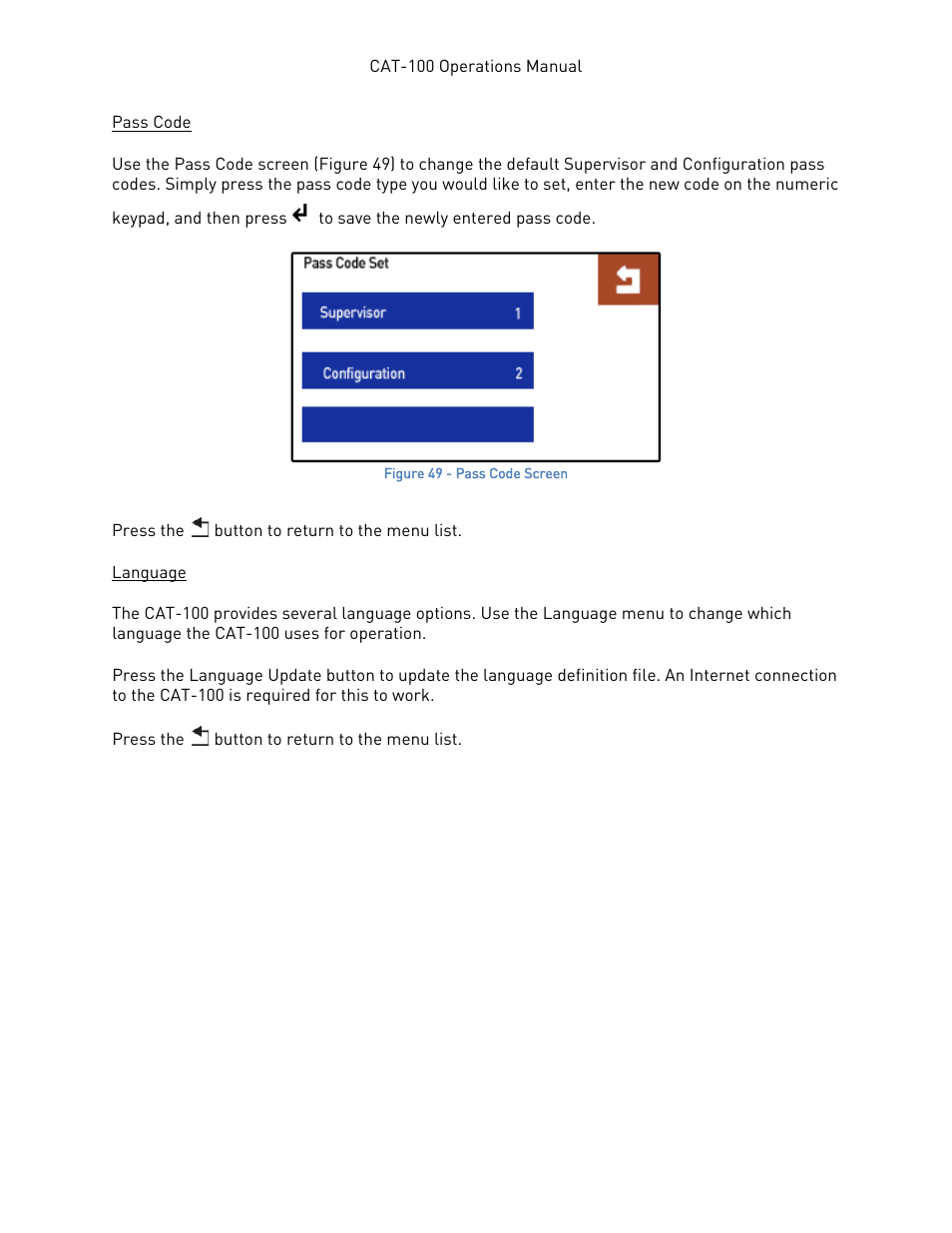 Pass code, Language, Pass code language | Super Systems CAT-100 User Manual | Page 33 / 51