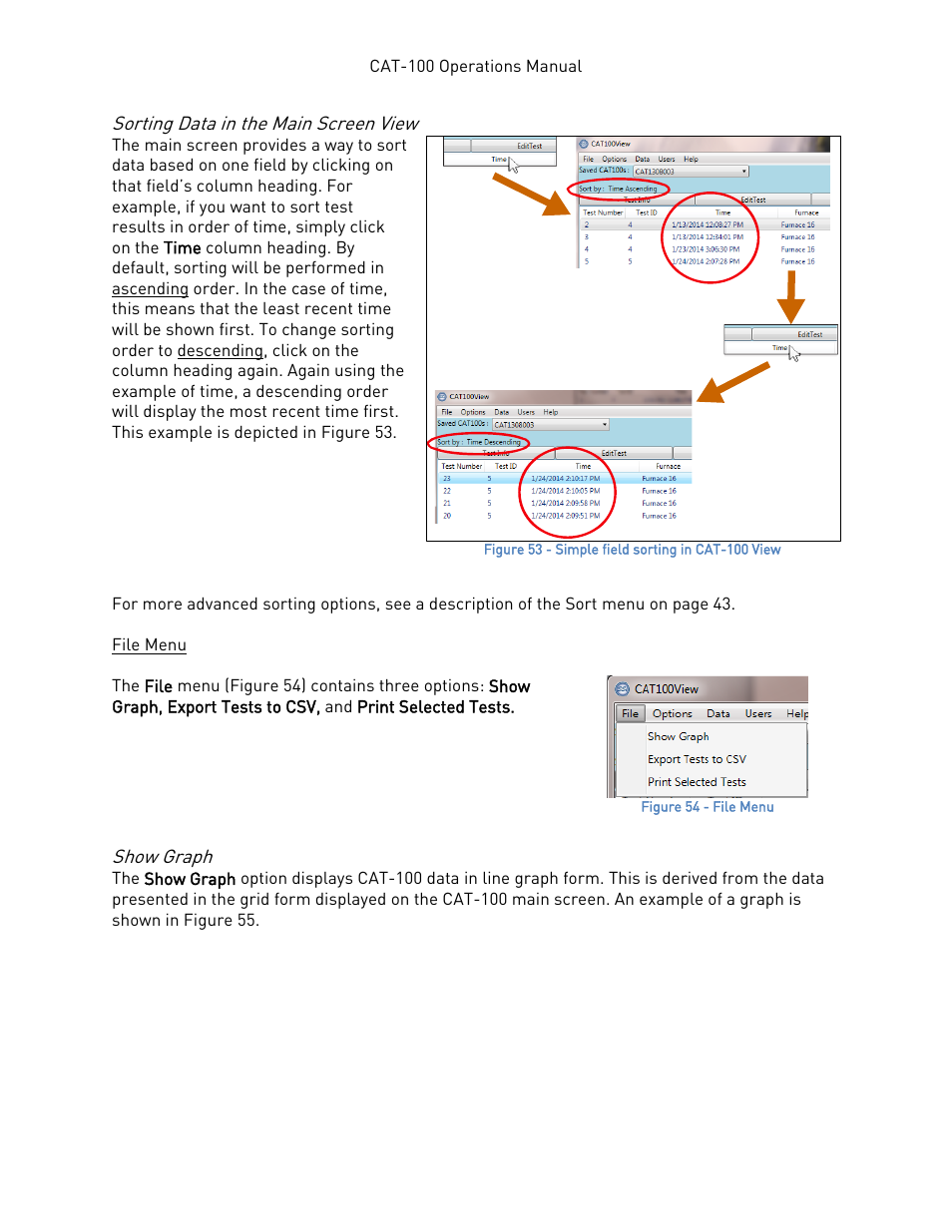 Sorting data in the main screen view, File menu, Show graph | Super Systems CAT-100 User Manual | Page 37 / 51