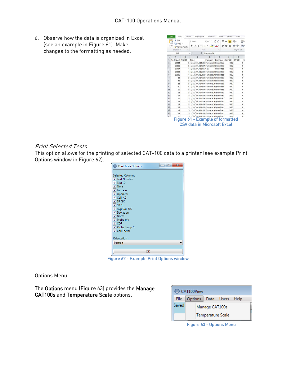 Print selected tests, Options menu | Super Systems CAT-100 User Manual | Page 40 / 51