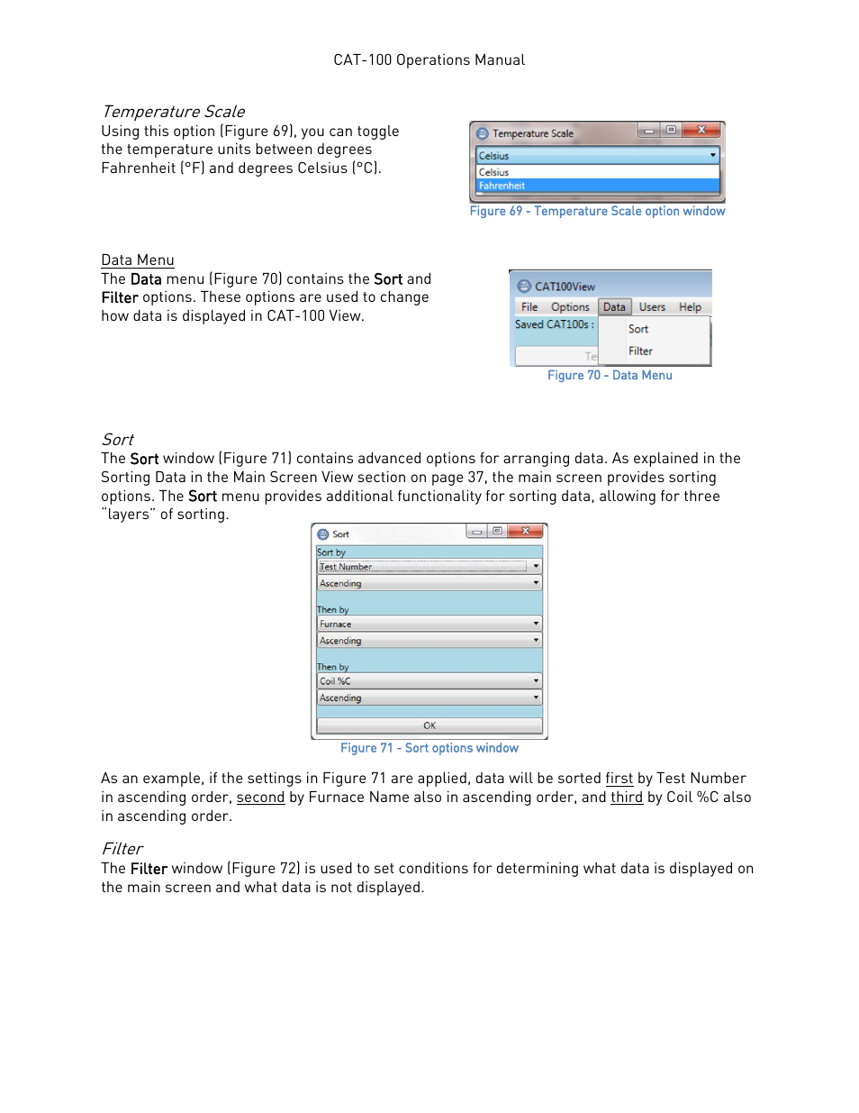 Temperature scale, Data menu, Sort | Filter, Sort filter, E sort | Super Systems CAT-100 User Manual | Page 43 / 51