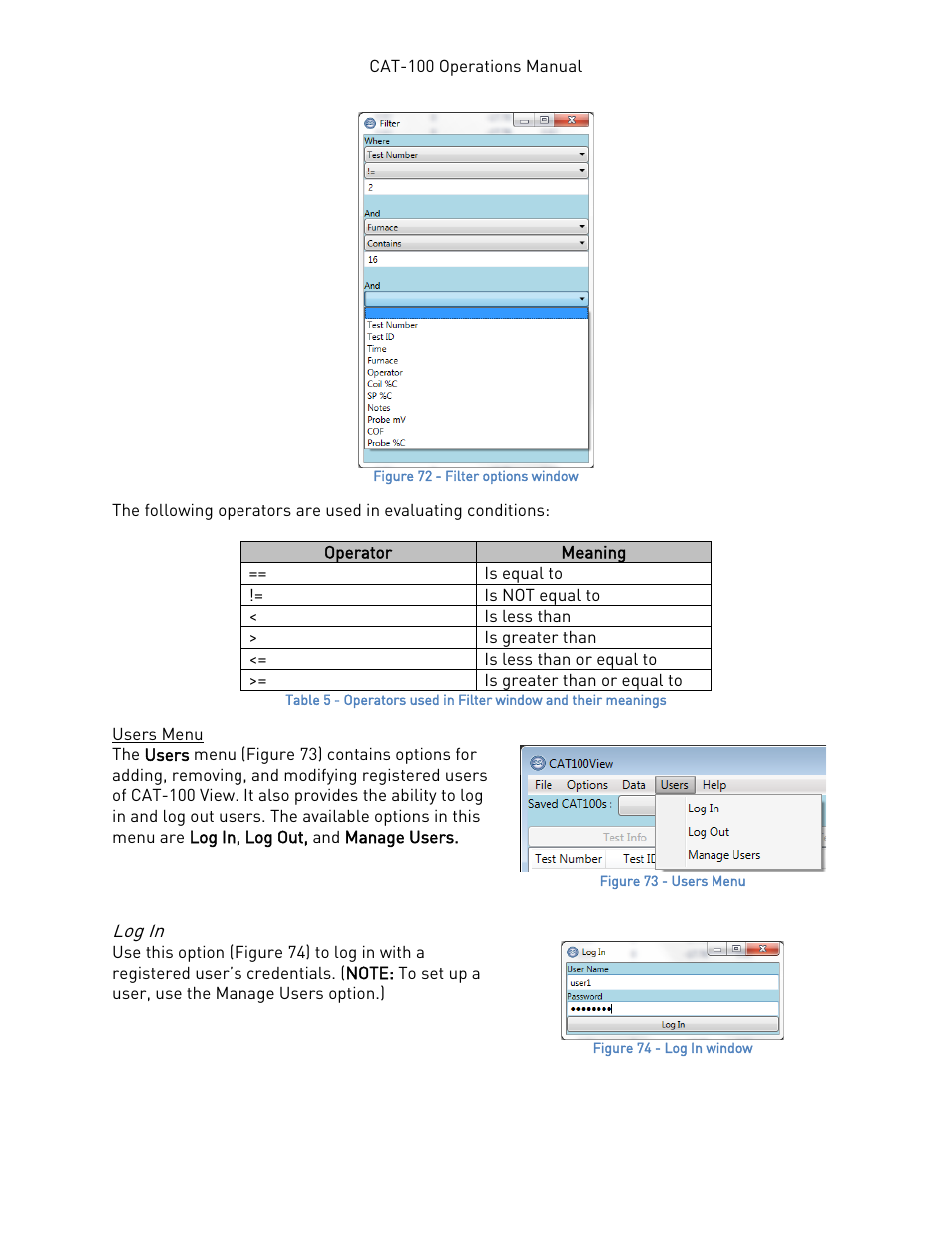 Users menu, Log in, W (figure 72) | Super Systems CAT-100 User Manual | Page 44 / 51