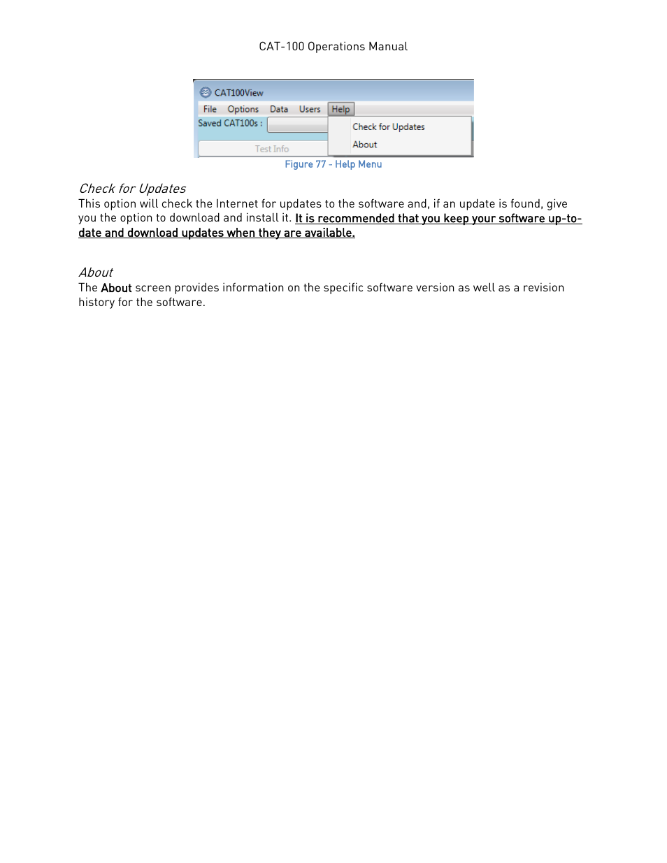 Check for updates, About, Check for updates about | Super Systems CAT-100 User Manual | Page 46 / 51