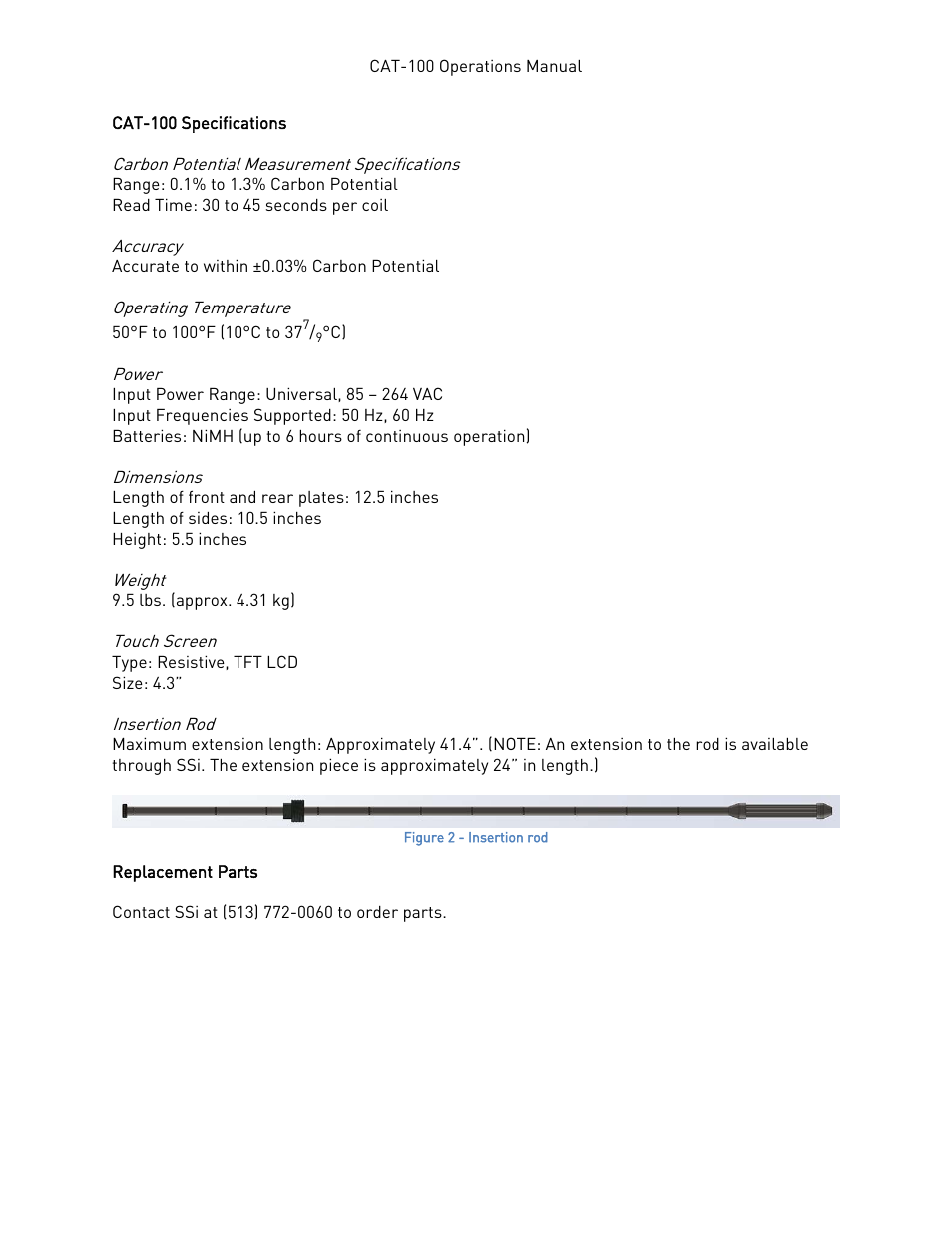 Cat-100 specifications, Replacement parts, Cat-100 specifications replacement parts | Super Systems CAT-100 User Manual | Page 6 / 51
