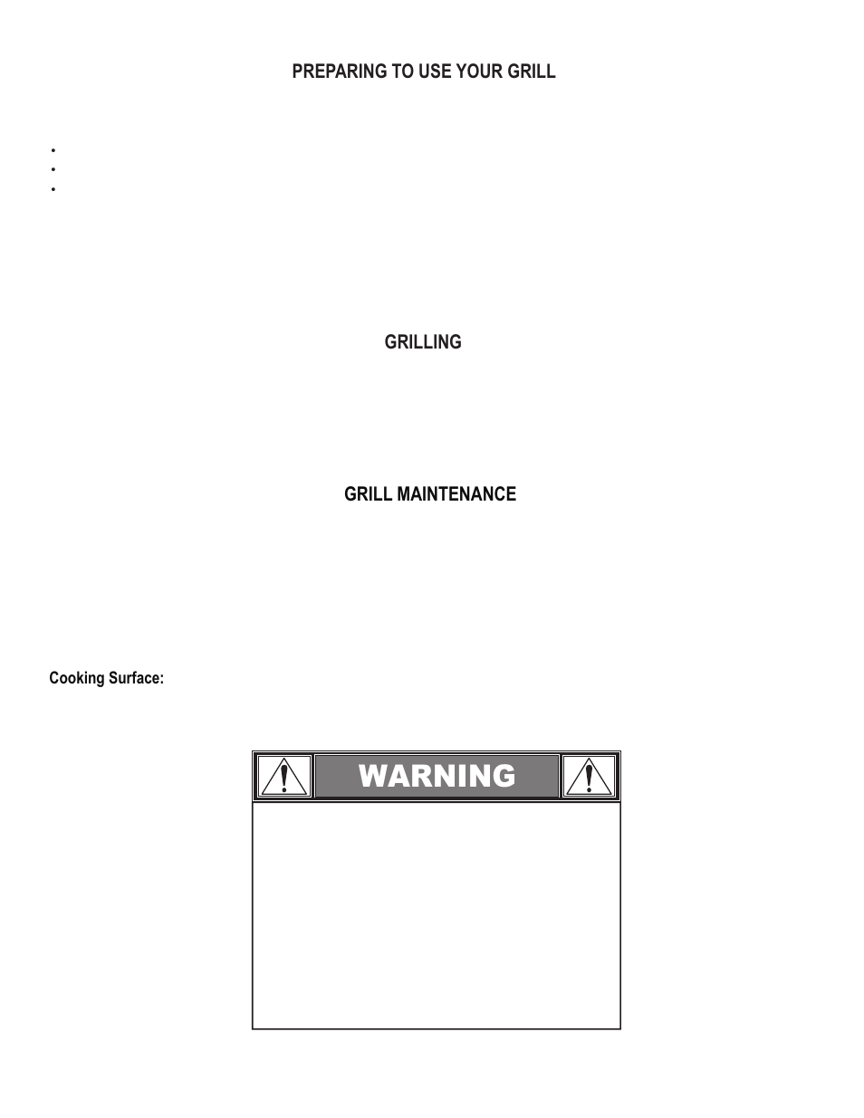 Warning, Grill maintenance, Preparing to use your grill | Grilling | Char-Broil AMERICAN GOURMET 10301580 User Manual | Page 3 / 16
