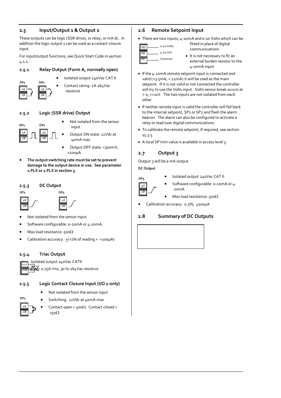 5 input/output 1 & output 2, 1 relay output (form a, normally open), 2 logic (ssr drive) output | 3 dc output, 4 triac output, 5 logic contact closure input (i/o 1 only), 6 remote setpoint input, 7 output 3, 8 summary of dc outputs, Input/output 1 & output 2 | Super Systems 3 Series User Manual | Page 10 / 92