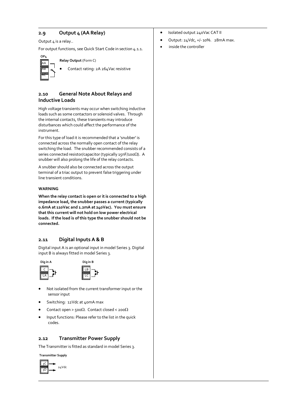 9 output 4 (aa relay), 10 general note about relays and inductive loads, 11 digital inputs a & b | 12 transmitter power supply, Output 4 (aa relay), General note about relays and inductive loads, Digital inputs a & b, Transmitter power supply | Super Systems 3 Series User Manual | Page 11 / 92