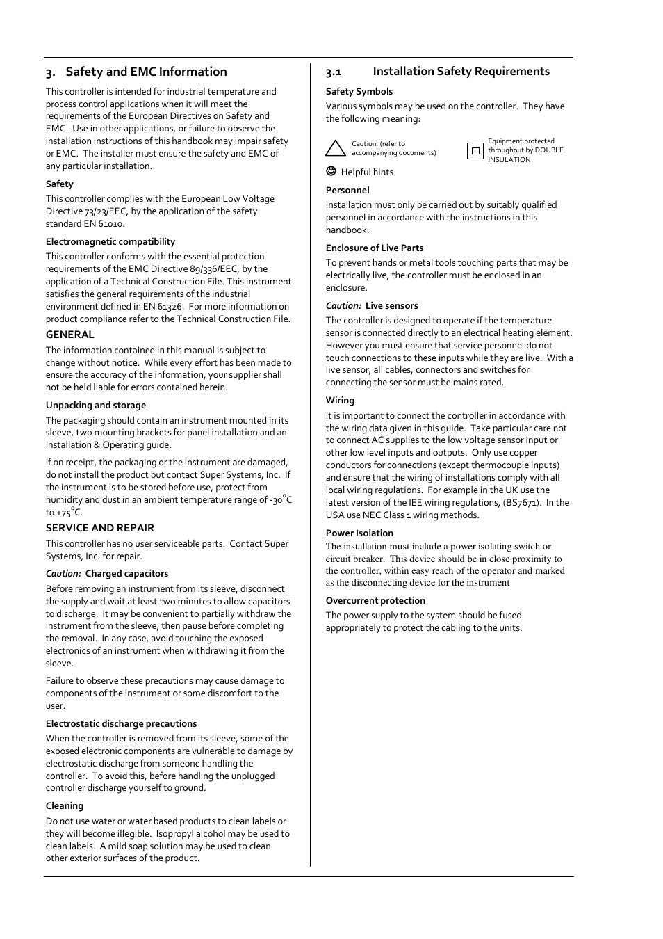 Safety and emc information, 1 installation safety requirements, Installation safety requirements | Super Systems 3 Series User Manual | Page 14 / 92