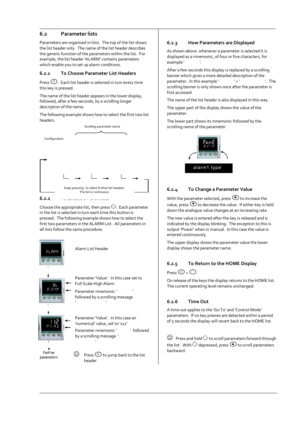 2 parameter lists, 1 to choose parameter list headers, 2 to locate a parameter | 3 how parameters are displayed, 4 to change a parameter value, 5 to return to the home display, 6 time out, Parameter lists, To choose parameter list headers, To locate a parameter | Super Systems 3 Series User Manual | Page 27 / 92