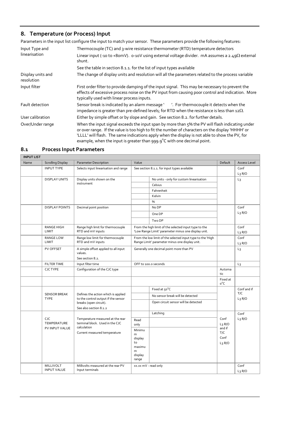 Temperature (or process) input, 1 process input parameters, Process input parameters | C with one decimal point | Super Systems 3 Series User Manual | Page 32 / 92