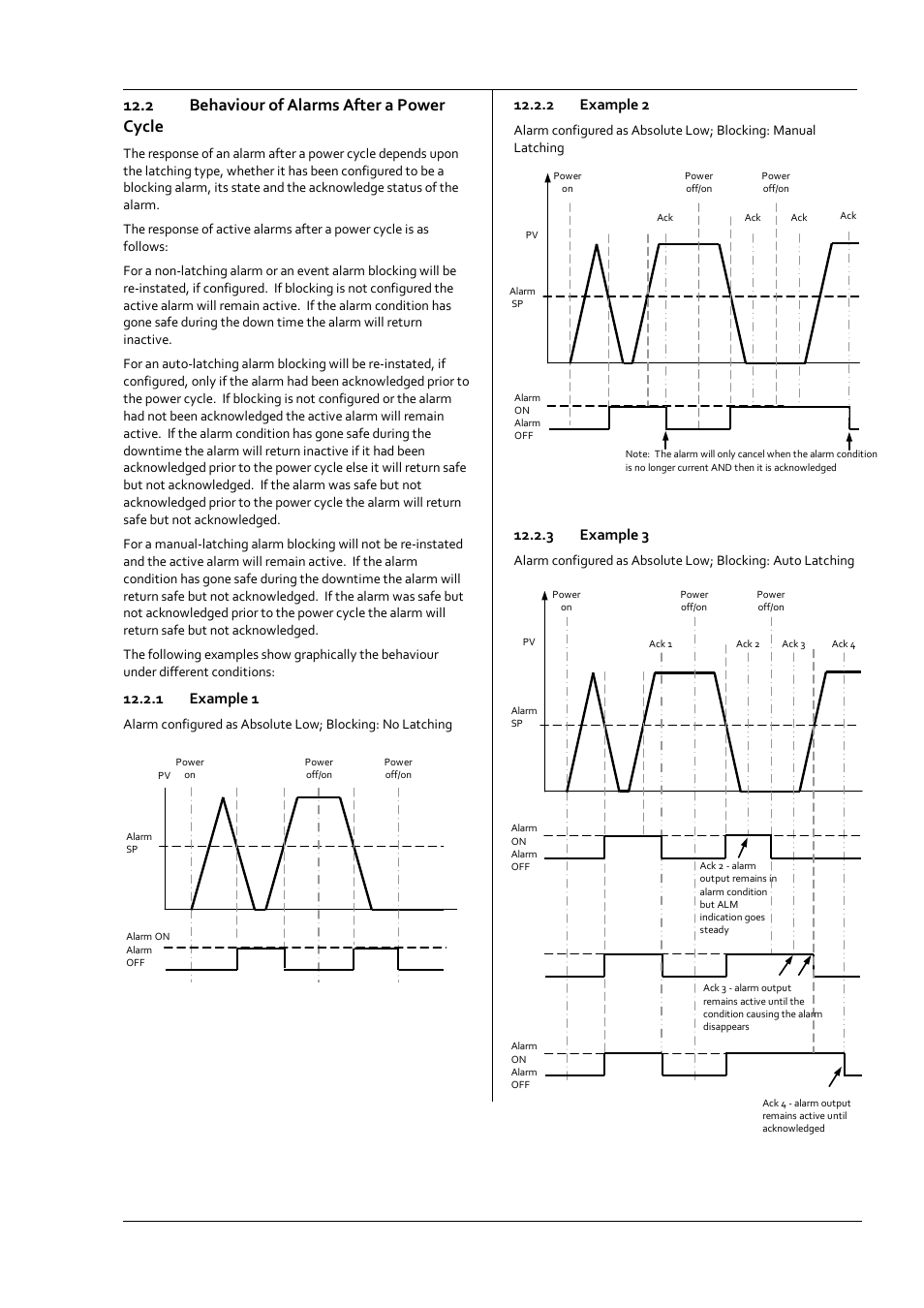 2 behaviour of alarms after a power cycle, 1 example 1, 2 example 2 | 3 example 3, Behaviour of alarms after a power cycle, Example 1, Example 2, Example 3 | Super Systems 3 Series User Manual | Page 65 / 92